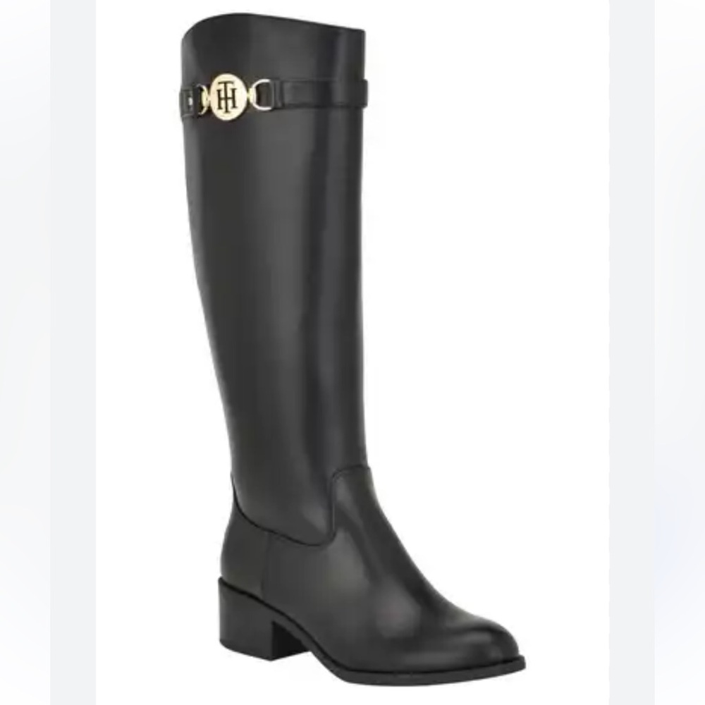 Tommy Hilfiger Imina Leather Knee High Boots in Black - Picture 1 of 9